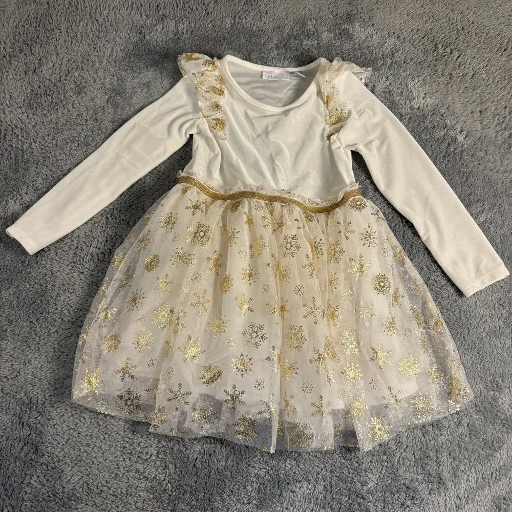 The Childrens Place Girls White Velvet Gold Snowflake Tulle Holiday Dress 5T